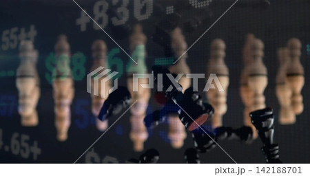 Shattering glossy black chess pieces falling in studio set, showing wooden pawn row and LED ticker Shattering glossy black chess pieces falling in studio set, showing wooden pawn row and LED ticker 142188701