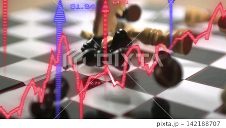 Featuring toppled black king and scattered light wood pieces on glossy chessboard, financial chart Featuring toppled black king and scattered light wood pieces on glossy chessboard, financial chart 142188707