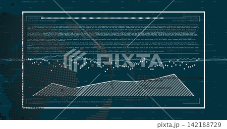 Displaying white-framed data panel on dark teal HUD, showing hatched area, dotted line, code text Displaying white-framed data panel on dark teal HUD, showing hatched area, dotted line, code text 142188729