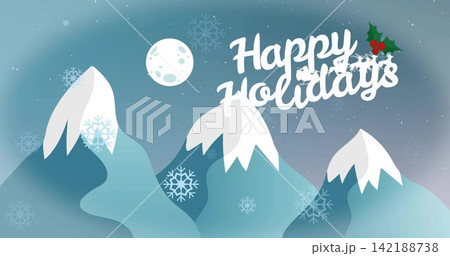 Depicting three snowcapped mountains under moonlit sky, with Happy Holidays script, flakes, holly 142188738