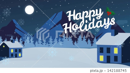 Showing large white Happy Holidays text with holly accent over snowy field, two houses, copy space 142188745