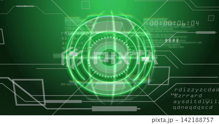 Rotating central luminous concentric holo interface pulsing on virtual HUD, with timer readout Rotating central luminous concentric holo interface pulsing on virtual HUD, with timer readout 142188757