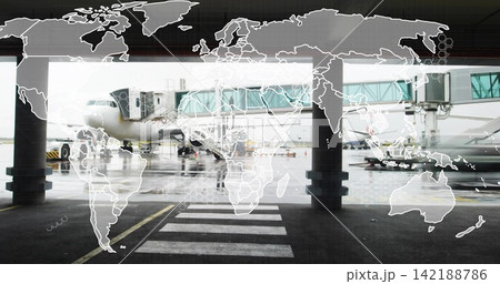 Docking narrow-body jet connecting to boarding bridge at airport gate, with map overlay reflections Docking narrow-body jet connecting to boarding bridge at airport gate, with map overlay reflections 142188786