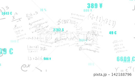 Displaying centered cluster of handwritten math equations with cyan currency labels on white sheet Displaying centered cluster of handwritten math equations with cyan currency labels on white sheet 142188796