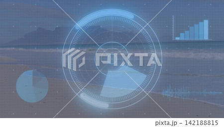 Displaying circular radar HUD covering coastal shoreline, with pie chart, bar chart, waveform, grid 142188815