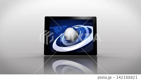 Displaying black tablet device showing white globe with blue rings on glossy tabletop in studio 142188821
