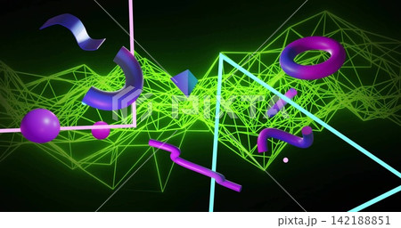 Glowing neon-green wireframe ridge and glossy purple torus and sphere floating in virtual 3D studio Glowing neon-green wireframe ridge and glossy purple torus and sphere floating in virtual 3D studio 142188851