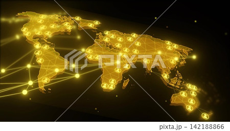 Glowing polygonal world map dominating dark space, showing node avatars, radiant connection beams Glowing polygonal world map dominating dark space, showing node avatars, radiant connection beams 142188866
