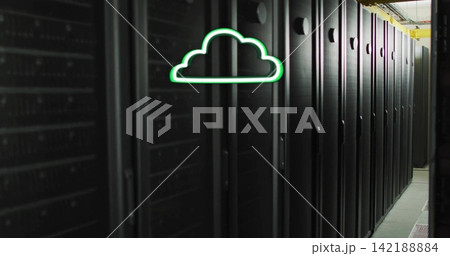 Running black server racks showing vented doors, LEDs and neon cloud icon in data center aisle Running black server racks showing vented doors, LEDs and neon cloud icon in data center aisle 142188884