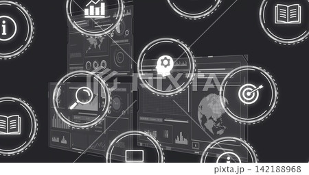 Displaying semi-transparent dashboard panels with charts, HUD rings and icons on dark interface Displaying semi-transparent dashboard panels with charts, HUD rings and icons on dark interface 142188968