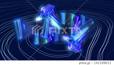 Glowing crystal cluster emitting light and casting neon rim glow in digital studio, with contours 142189011