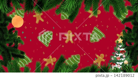 Framing central red patterned field with gingerbread men and green tree cookies, card backdrop Framing central red patterned field with gingerbread men and green tree cookies, card backdrop 142189012
