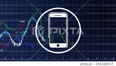 Displaying white smartphone icon inside circular frame on dark blue grid, with colorful line charts Displaying white smartphone icon inside circular frame on dark blue grid, with colorful line charts 142189013