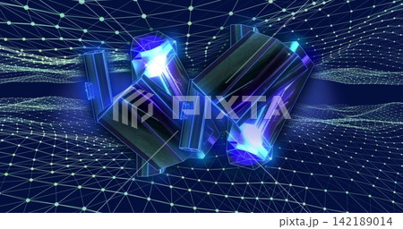 Floating two faceted prisms casting glowing core light over wire mesh in cyberspace, neon accents Floating two faceted prisms casting glowing core light over wire mesh in cyberspace, neon accents 142189014