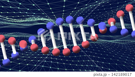 Displaying ball-and-stick molecular chain running in 3D workspace, with red blue nodes grid Displaying ball-and-stick molecular chain running in 3D workspace, with red blue nodes grid 142189017