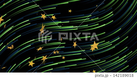 Flowing centered ribbon of green and blue light trails sweeping across black field, with gold stars 142189018
