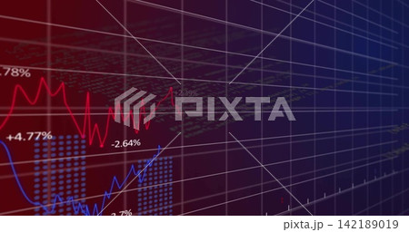 Displaying red, blue line charts on finance dashboard, showing dotted bars, percent labels, 3D grid Displaying red, blue line charts on finance dashboard, showing dotted bars, percent labels, 3D grid 142189019