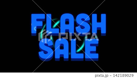 Displaying stacked 3D blue text FLASH SALE dominating digital banner, with neon cyan streaks 142189029