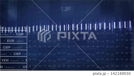 Trading dashboard showing dark blue grid with white bars, triangular icons, tickers, 1 142189030