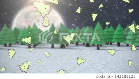 Framing stylized evergreen band in snowfield under full moon, with floating confetti Framing stylized evergreen band in snowfield under full moon, with floating confetti 142189125