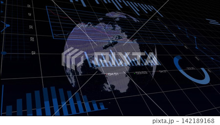 Displaying translucent 3D globe rotating over dark grid plane showing bars, gauge and data lines 142189168