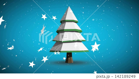 Showing layered white tree with green-trim brown-trunk on teal backdrop, with stars and snow dots 142189249