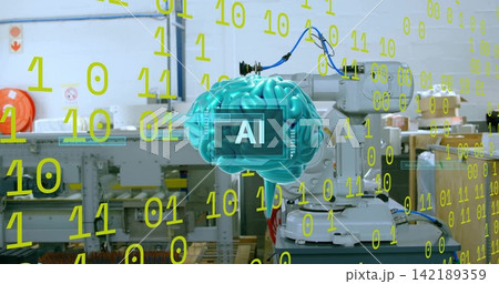 Floating teal 3D brain graphic labeled AI hovering over robotic arm in factory, with binary overlay Floating teal 3D brain graphic labeled AI hovering over robotic arm in factory, with binary overlay 142189359