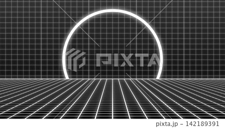 Glowing semicircular arc rising on horizon, defining illuminated grid floor and grid-tiled wall Glowing semicircular arc rising on horizon, defining illuminated grid floor and grid-tiled wall 142189391