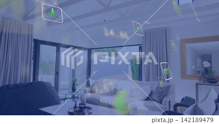 Featuring light sofa with cushions occupying center in living room, showing AR UI overlays Featuring light sofa with cushions occupying center in living room, showing AR UI overlays 142189479