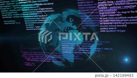 Rotating holographic dotted globe showing scrolling code and grid lines in virtual dashboard Rotating holographic dotted globe showing scrolling code and grid lines in virtual dashboard 142189483