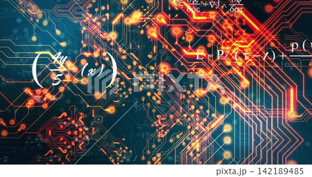Glowing circuitry and math symbols converging in virtual data network, with vias, light flares 142189485