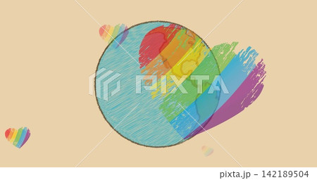 Showing pencil-hatch globe at center on beige backdrop, featuring diagonal rainbow heart and hearts Showing pencil-hatch globe at center on beige backdrop, featuring diagonal rainbow heart and hearts 142189504