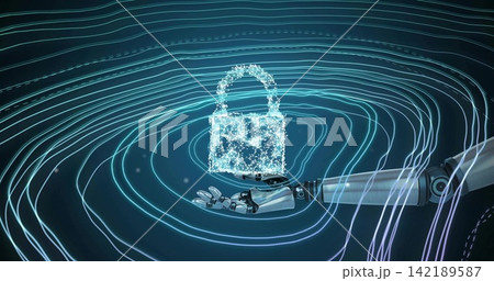Hovering holographic padlock glowing above robotic hand in virtual cyber space, with neon ripples Hovering holographic padlock glowing above robotic hand in virtual cyber space, with neon ripples 142189587
