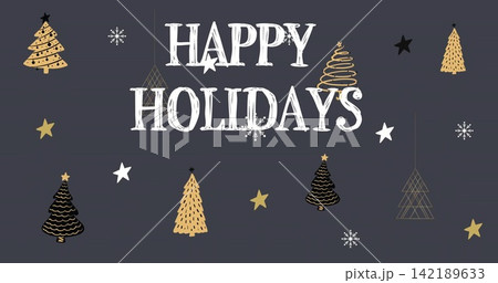 Displaying centered white HAPPY HOLIDAYS text on dark gray card, showing stylized trees, stars Displaying centered white HAPPY HOLIDAYS text on dark gray card, showing stylized trees, stars 142189633