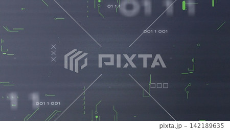 Displaying HUD overlay on dark textured screen showing neon-green traces, binary numerals, nodes 142189635