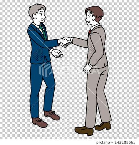 一幅描繪兩名年輕男子握手的全身商務插畫。 一幅描繪兩名年輕男子握手的全身商務插畫。 142189663