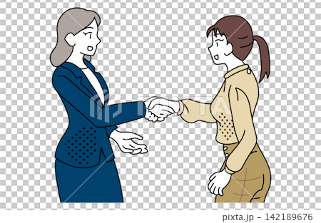 A business illustration of two women shaking hands. A business illustration of two women shaking hands. 142189676
