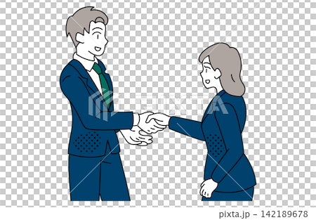 An illustration of young businessmen and women shaking hands. An illustration of young businessmen and women shaking hands. 142189678