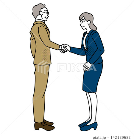 握手で丁寧に挨拶する年配男性と若い女性のビジネスイラスト 握手で丁寧に挨拶する年配男性と若い女性のビジネスイラスト 142189682