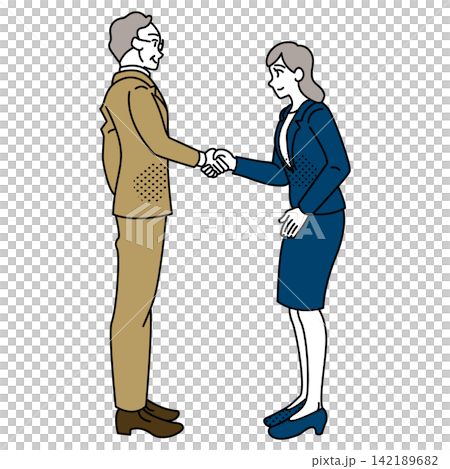 A business illustration depicting an elderly man and a young woman politely shaking hands. A business illustration depicting an elderly man and a young woman politely shaking hands. 142189682