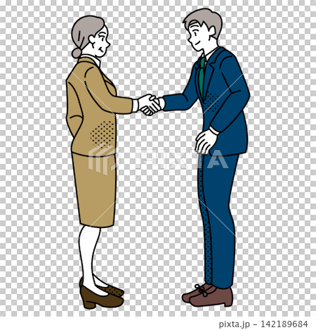 A business illustration depicting an elderly woman and a young man politely shaking hands. 142189684