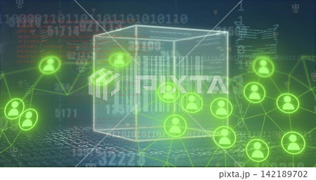 Floating wireframe cube showing barcode, code and neon links in digital plane, with neon avatars 142189702