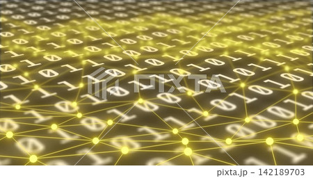 Displaying digital network in data plane, repeating 0s and 1s, glowing yellow nodes and thin lines Displaying digital network in data plane, repeating 0s and 1s, glowing yellow nodes and thin lines 142189703