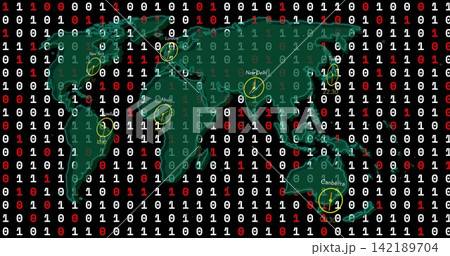 Displaying green world map on black binary field, showing yellow clocks, city labels, timestamps 142189704