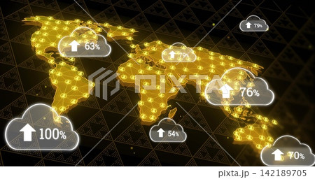 Displaying glowing node world map on dark triangular grid, showing cloud icons with percent labels Displaying glowing node world map on dark triangular grid, showing cloud icons with percent labels 142189705