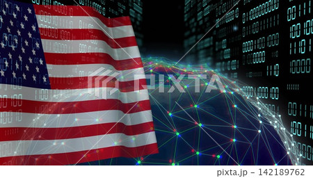 Overlaying United States flag occupying left of cyber globe, glowing nodes and binary, copy space 142189762