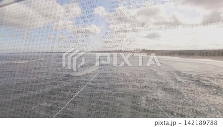 Showing coastal scene, choppy wake heading toward horizon at waterline, with overlay of IP logs Showing coastal scene, choppy wake heading toward horizon at waterline, with overlay of IP logs 142189788