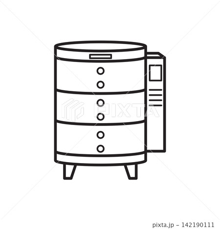 Minimalist line art icon of a multi-tiered electric ceramic firing kiln.  142190111