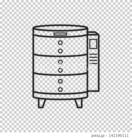 Minimalist line art icon of a multi-tiered electric ceramic firing kiln.  142190111