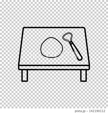 Line art icon showing a potter's workbench with a ball of clay and a carving tool. Line art icon showing a potter's workbench with a ball of clay and a carving tool. 142190112